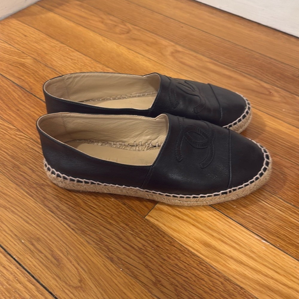 Chanel black leather espadrilles